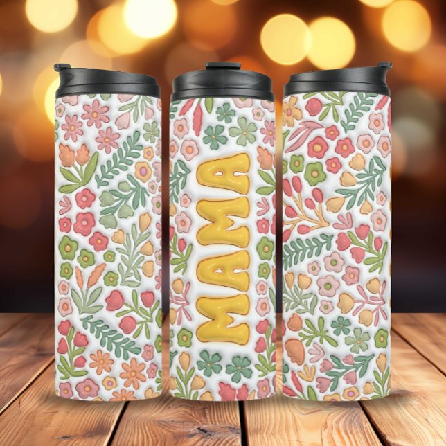 Termo Boho amarillo Floral 3D Mama (3D Inflated Yellow Boho Flowers Mama Thermal Tumbler)