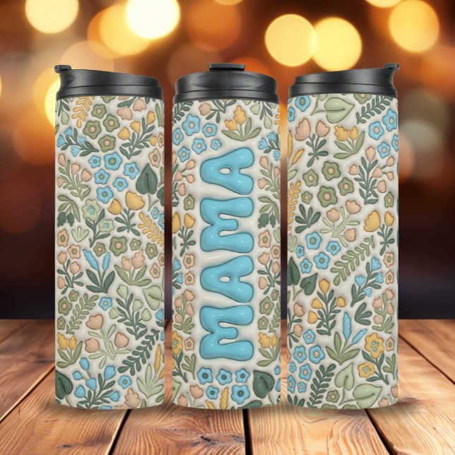 Termo Boho azul verde Flores Efecto 3D Mama (3D Inflated Light Blue Boho Flowers Mama Thermal Tumbler)