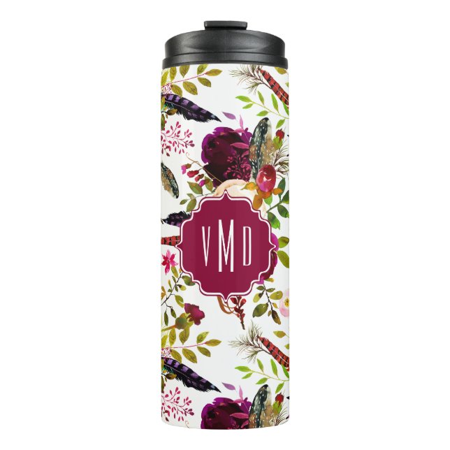 Termo Boho Borgoña Marsala Acuarela Monograma floral (Anverso)