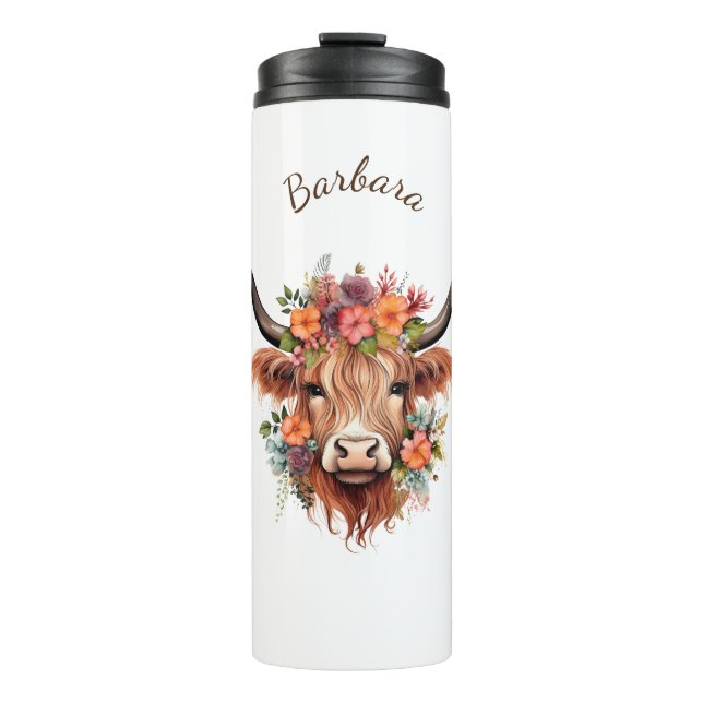 Termo Boho Modern Highland Cow con flores (Anverso)