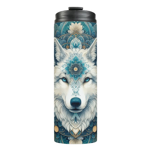 Termo Boho Rústico Lobo Blanco Mandala (Anverso)