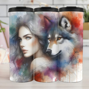 Termo Bono acuarela: mujer y lobo