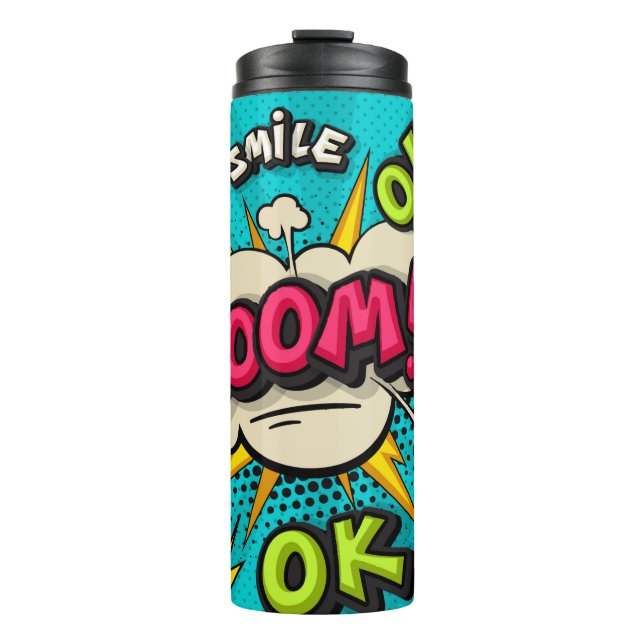 Termo Boom burbuja de arte pop. Sonría, guau, pow, cool, (Anverso)