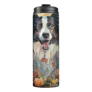 Termo Border Collie de Halloween con calabazas espeluzna