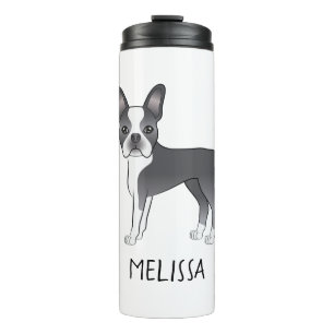 Termo Boston Terrier de dibujos animados azul y blanco y