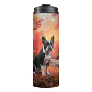 Termo Boston Terrier en otoño hojas caídas inspiran
