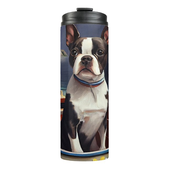 Termo Boston Terrier en un remo: Una aventura escénica (Anverso)