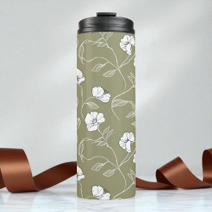 Termo Botánico Blanco Floral Minimalista Verde Oliva