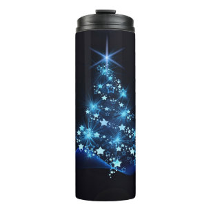 Termo Brillo azul de estrellas en árbol de Navidad oscur
