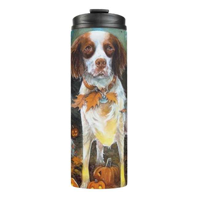 Termo Brittany Spaniel de Halloween con calabazas aterra (Anverso)