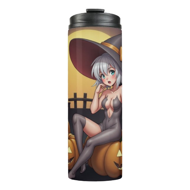Termo Bruja de Halloween con ojos verdes sobre Jack-O-La (Anverso)