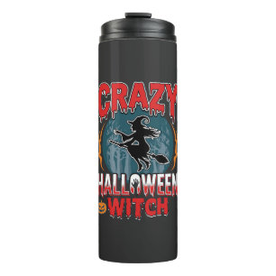 Termo Bruja Loca de Halloween Diseño de Terror de Escoba