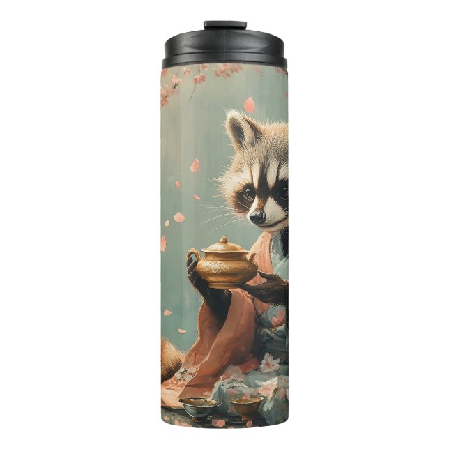 Termo Buda del mapache: Té pacífico bajo árbol de cerezo (Anverso)