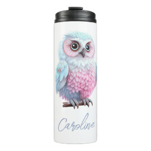Termo Búho de dibujos animados rosa y azul pastel lindo