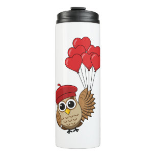 Termo Búho lindo volando con globos cardíacos