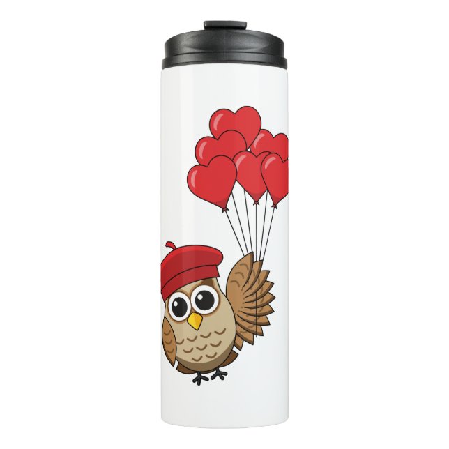 Termo Búho lindo volando con globos cardíacos (Anverso)