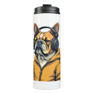 Termo Bulldog Antiguo con Auriculares que Lleva Sudadera