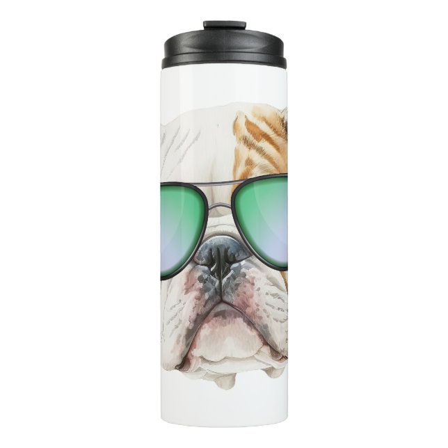 Termo Bulldog inglés lindo con gafas de sol, perrito gra (Anverso)