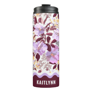 Termo Burgundy deja un patrón morado floral personalizad