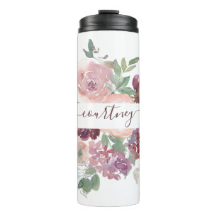 Termo Burgundy y floral acuarela rosa personalizado  