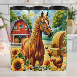 Termo Caballo de castaño en soleado corral