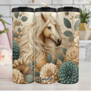 Termo Caballo de Palomino entre las flores de crema