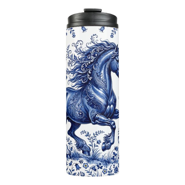 Termo Caballo frisón al estilo Delftware en prado (Anverso)