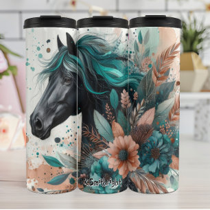 Termo Caballo negro con flores de mané Verde azuladas