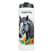 Caballo negro rodeado de flores personalizadas