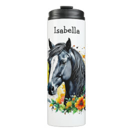 Termo Caballo negro rodeado de flores personalizadas