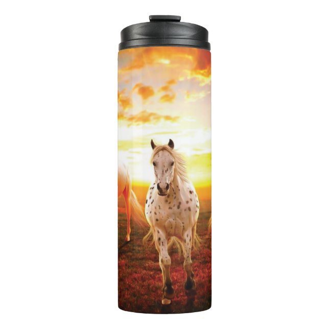 Termo Caballos al atardecer lanzando almohada (Anverso)