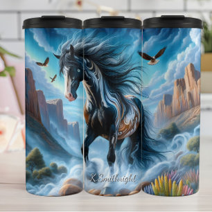 Termo Caballos Majestuosos Montañas Aves en Vuelo