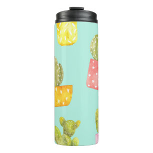 Termo Cacti espinoso en ollas, patrón de acuarela.