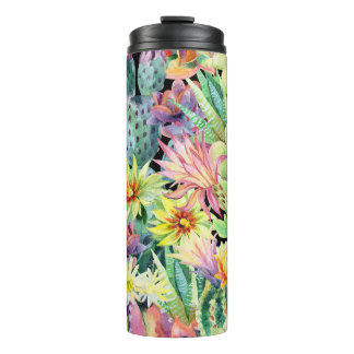 Termo Cactus floreciente, acuarela patrón sin fisuras.