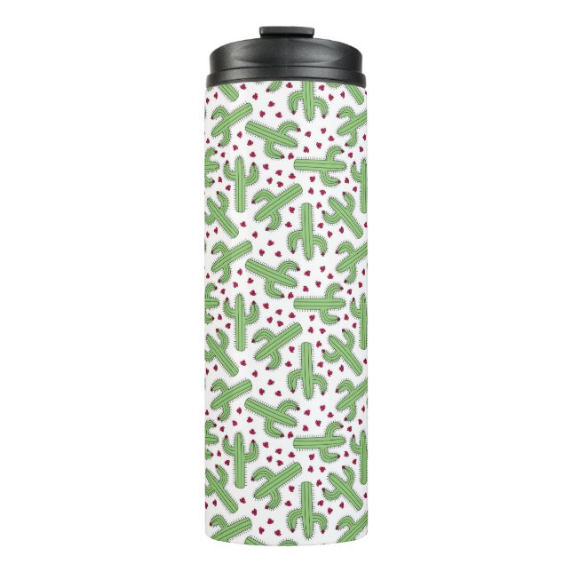 Termo Cactus ilustrado y modelo de flores rosado (Anverso)