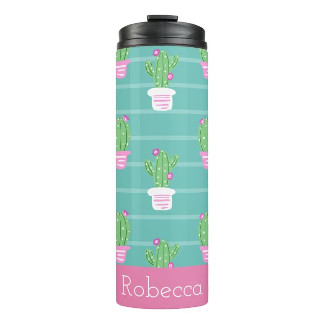 Termo Cactus y rayas de flores rosadas de bonito | Monog (Anverso)