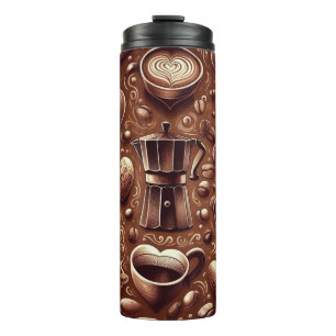 TERMO CAFETERA DE CAFÉ MARRÓN Y CUPS CON CABEZAS