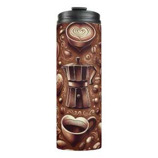 TERMO CAFETERA DE CAFÉ MARRÓN Y CUPS CON CABEZAS