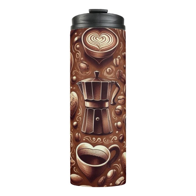 TERMO CAFETERA DE CAFÉ MARRÓN Y CUPS CON CABEZAS (Anverso)