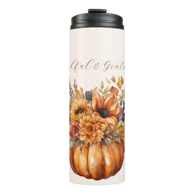 Termo Calabaza con flores- Agradecidos y agradecidos- (Anverso)