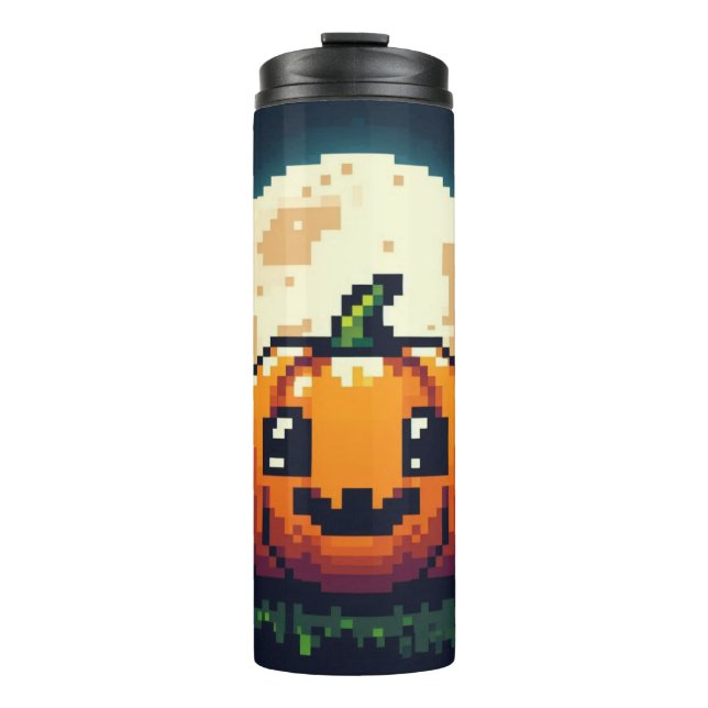 Termo Calabaza de Halloween de 8 bits bajo la luna (Anverso)