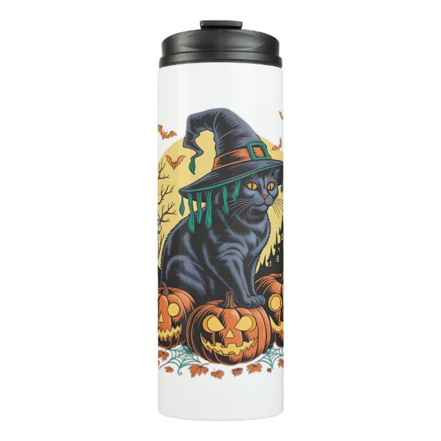 Termo Calabaza de Halloween de bruja de gato negro sobre (Anverso)