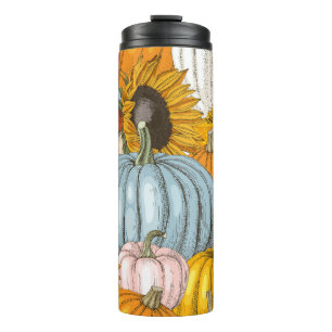 Termo Calabazas brillantes, girasoles, patrón dibujado a
