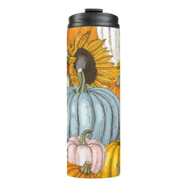 Termo Calabazas brillantes, girasoles, patrón dibujado a (Anverso)