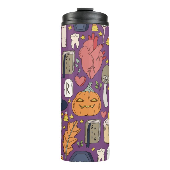 Termo Calabazas de Halloween, patrón continuo de brujas. (Anverso)