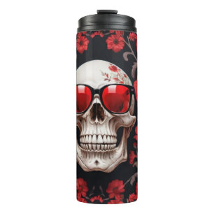 Termo Calavera 3D con diseño floral rojo y gafas de sol