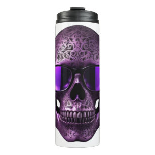 Termo Calavera 3D metálica grabada violeta con gafas de 