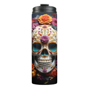 Termo Calavera de azúcar en 3D y flores de color