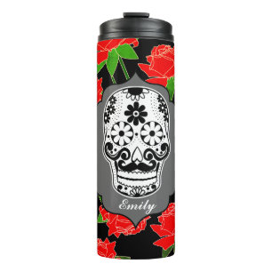 Termo Calavera de azúcar y rosas rojas dia de los muerto