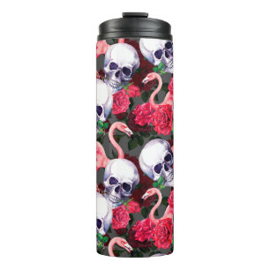 Termo Calavera humana con flamingo y flores rojas rojas 